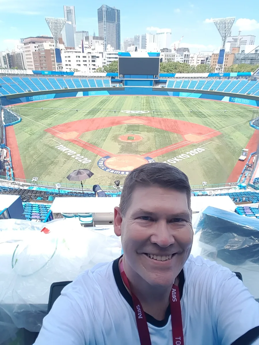 Hans Frauenlob at the Tokyo 2020 baseball venue in the commentary position.
